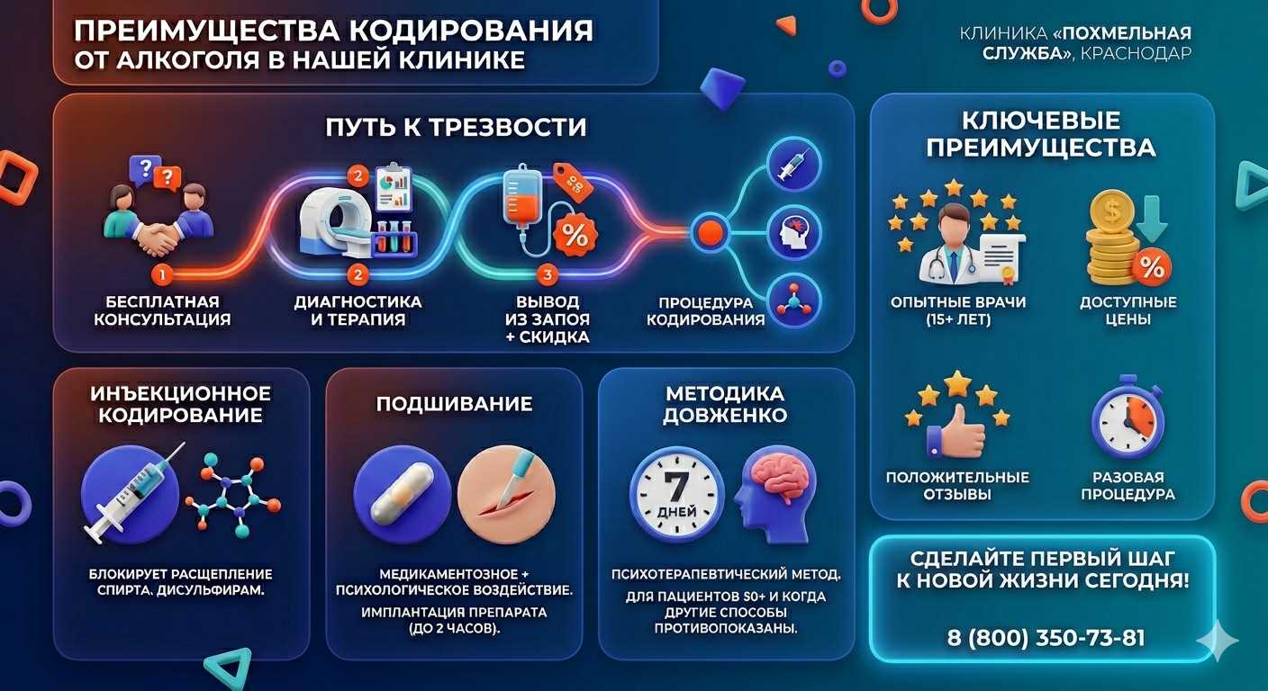 Инфографика о методах кодирования от алкоголя в Скопине: инъекции, подшивание, метод Довженко. Преимущества клиники и этапы лечения.
